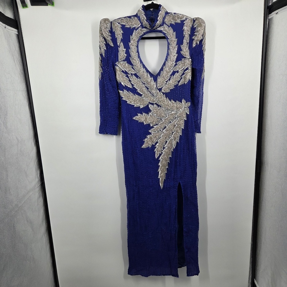 NEW Vintage 90s Sequined Ball gowns Silk Beaded Pageant Blue Size M *Read